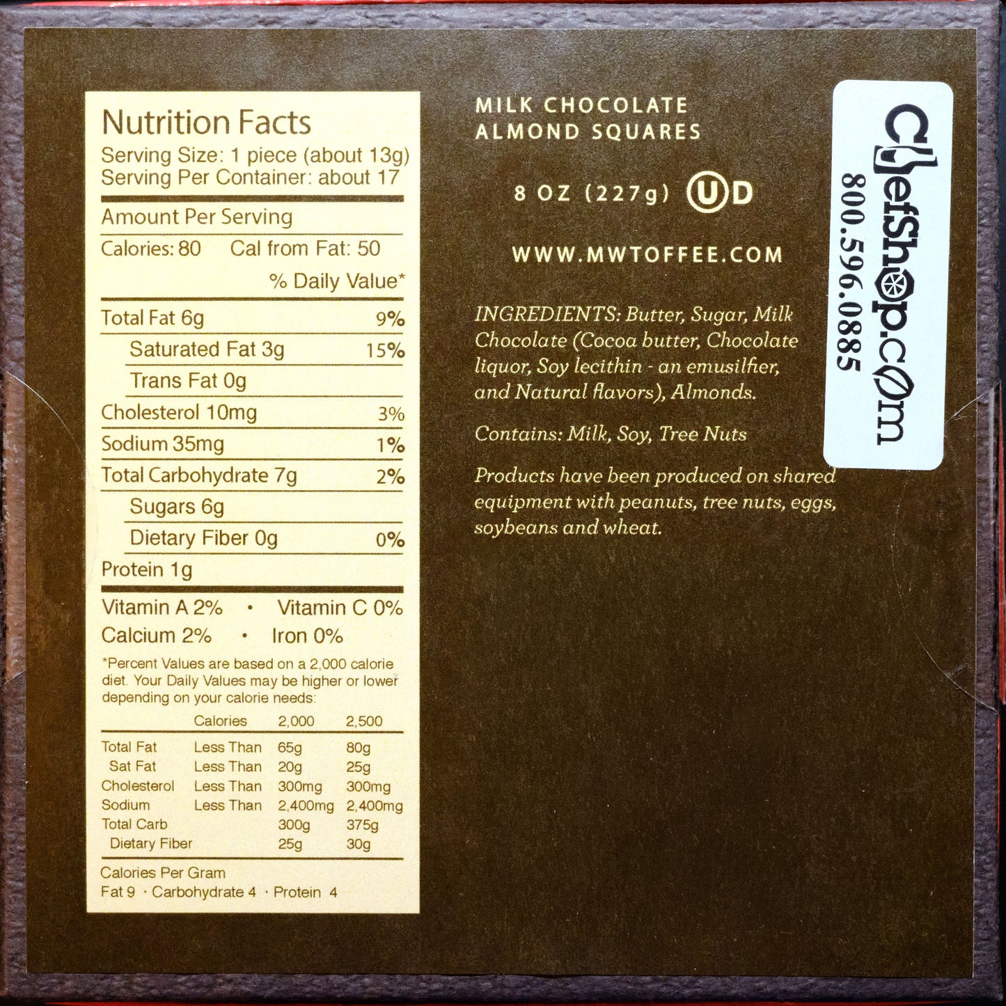 ingredients Mrs Weinstein's Milk Chocolate Almond Toffee Squares