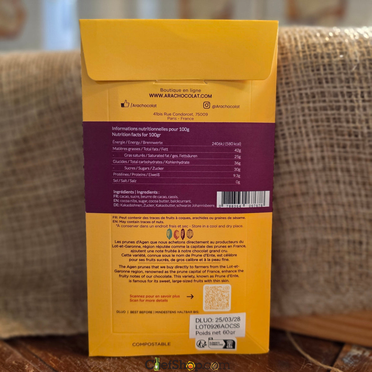 Ara Chocolat French Cassis 70% Dark Chocolate Bar