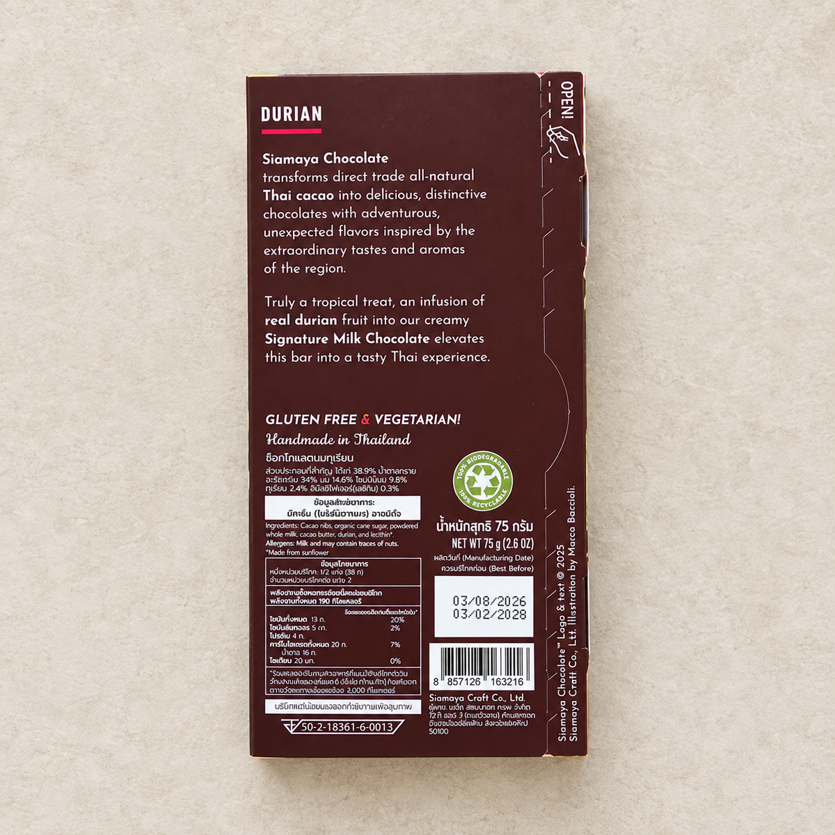 Siamaya Durian Milk Chocolate Bar