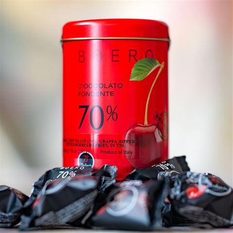Bodrato 70% Dark Chocolate Grappa Dipped Boeri Cherries in Red Tin