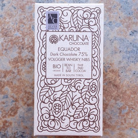 Karuna Chocolate Equador Dark 75-Percent with Volgger Whisky Nibs