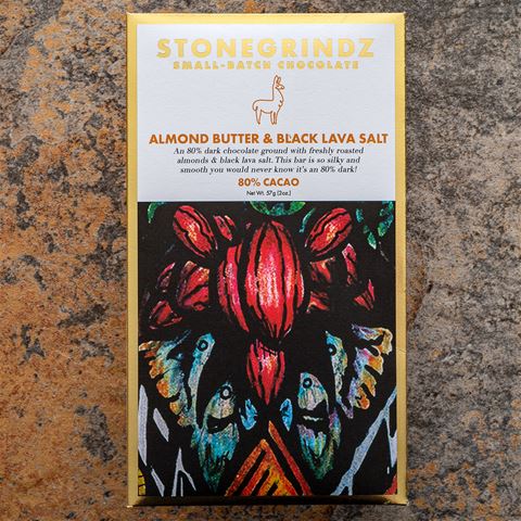 Stonegrindz Almond Butter and Black Lava Salt 80-Percent Dark Chocolate Bar