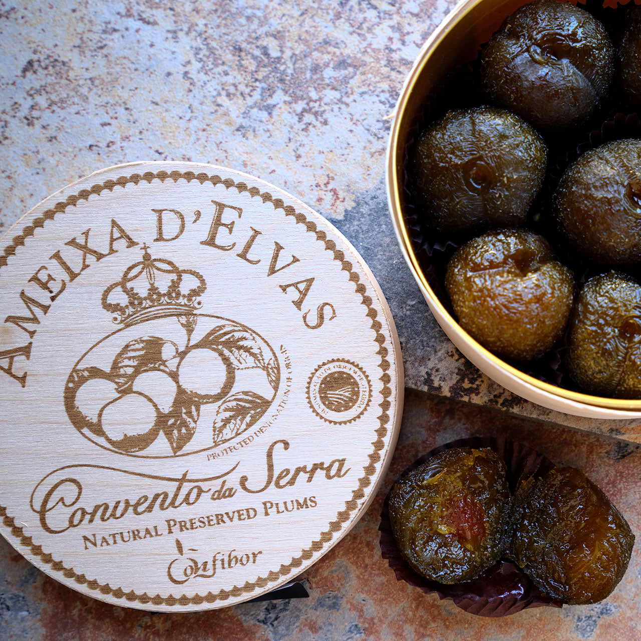 Ameixa d'Elvas Naturally Preserved DOP Green Gage Plums -Sugar Plums- Wooden Box