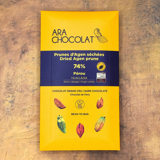 Ara Chocolat Huallaga Peru 74% Dark Chocolate Bar with Agen Prunes