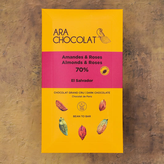 Ara Chocolat Almond and Roses 70% Dark Chocolate Bar