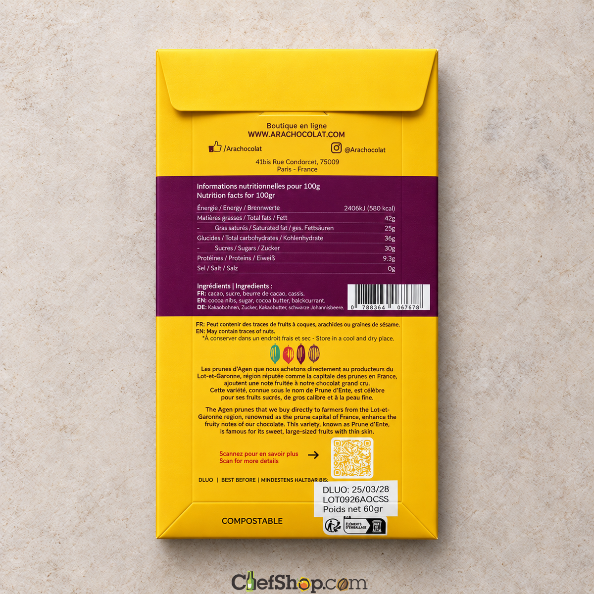 Ara Chocolat French Cassis 70% Dark Chocolate Bar
