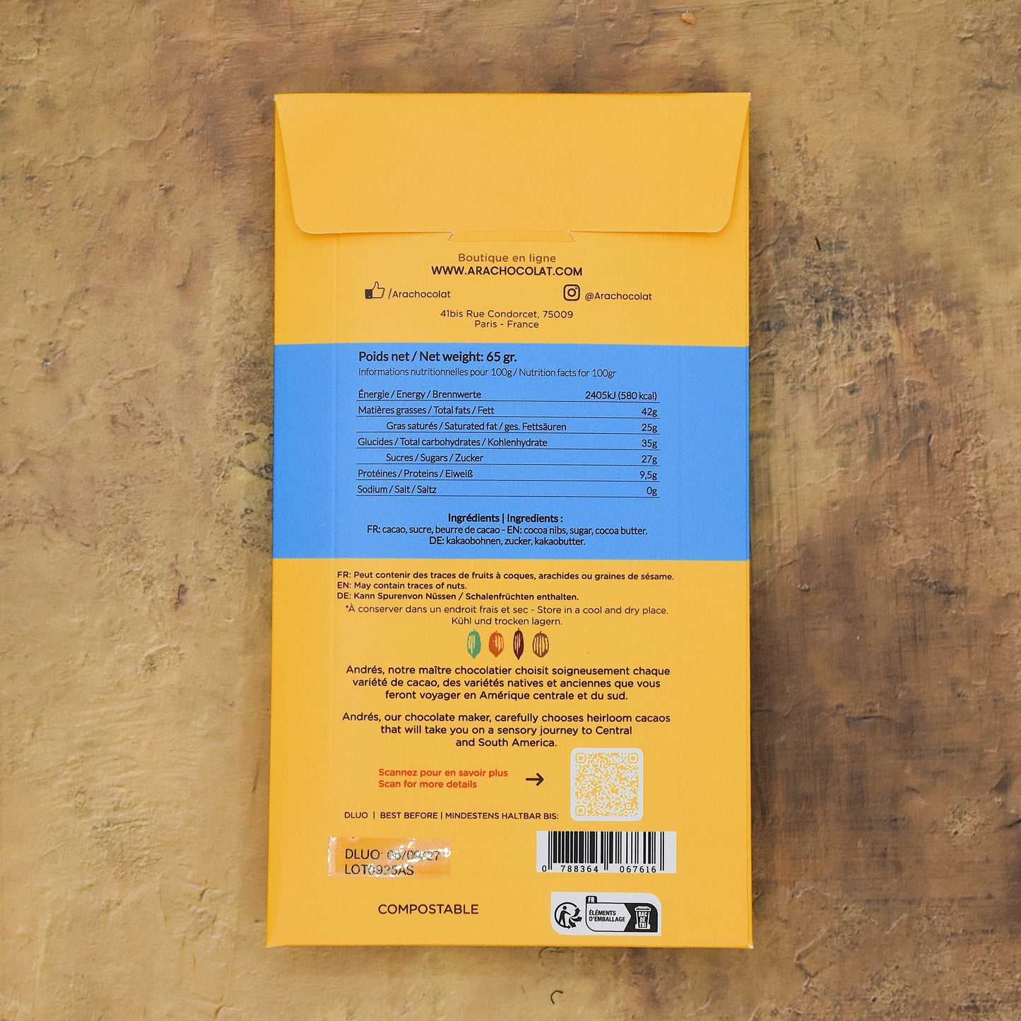 Ara Chocolat Santa Cruz Venezuela 72% Dark Chocolate Bar