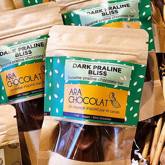 ARA Chocolat Dark Praline Bliss chocolate bars in packaging