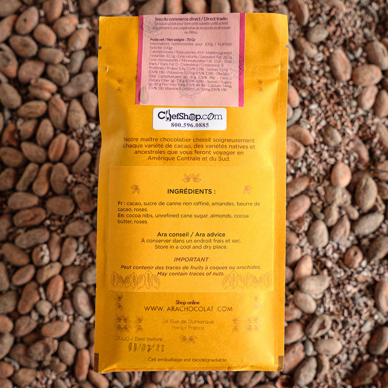 Ara Chocolat Tingo de Maria Almond and Roses 70% Dark Chocolate Bar