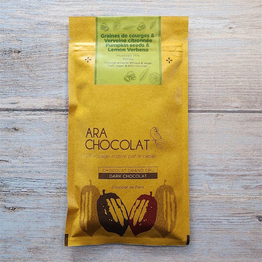 Ara Chocolat Pumpkin Seed and Lemon Verbina 74% Dark Chocolate Bar