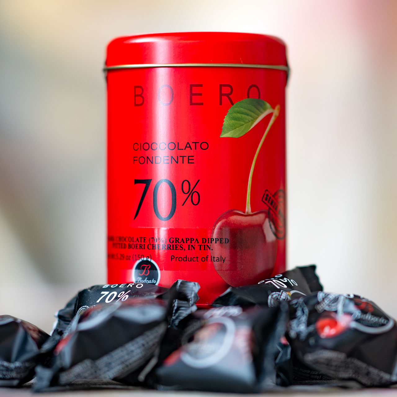Bodrato Boero 70% Dark Chocolate Grappa Dipped Boeri Cherries in Red Tin