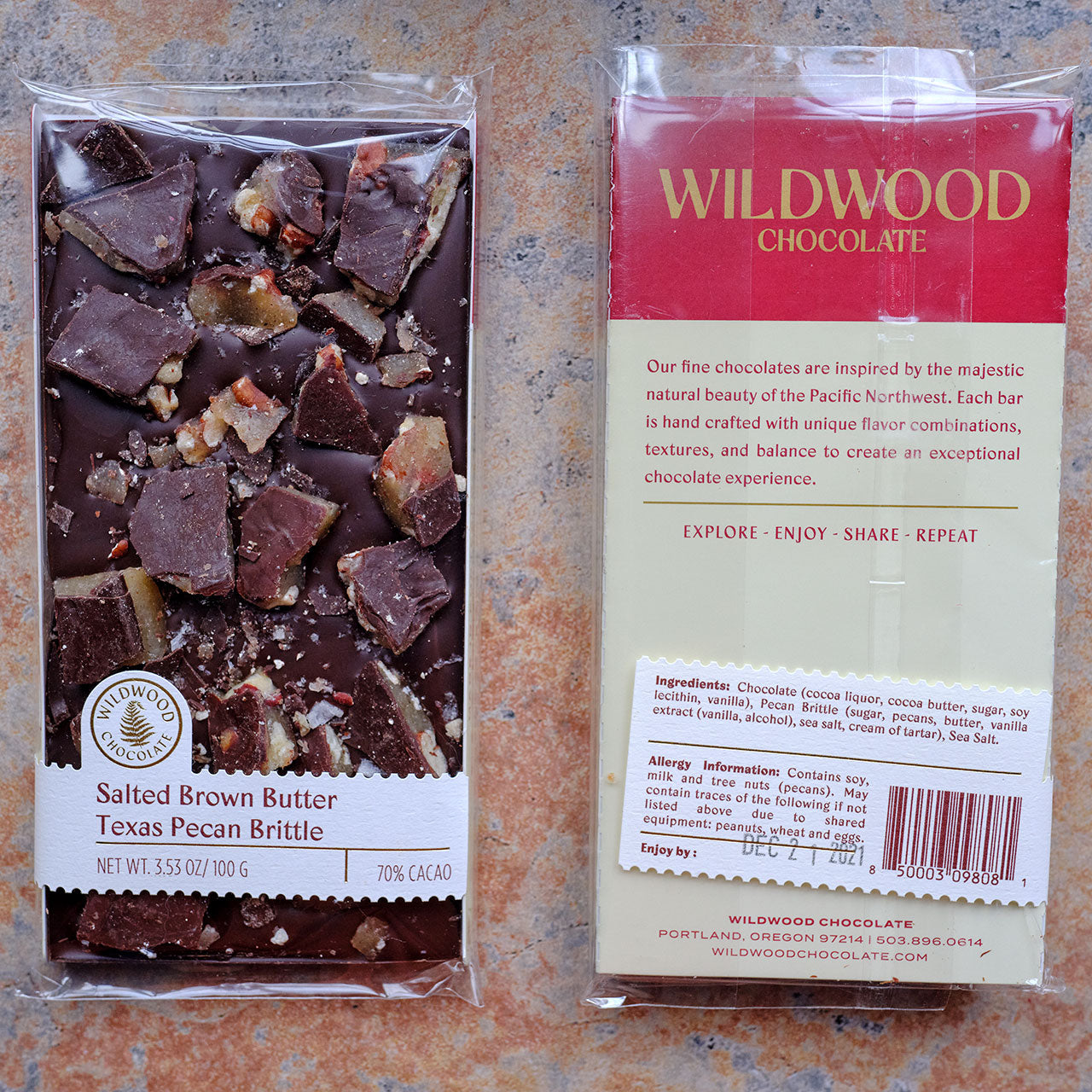 Wildwood Salted Brown Butter Texas Pecan Brittle 70-Percent Dark Chocolate Bar