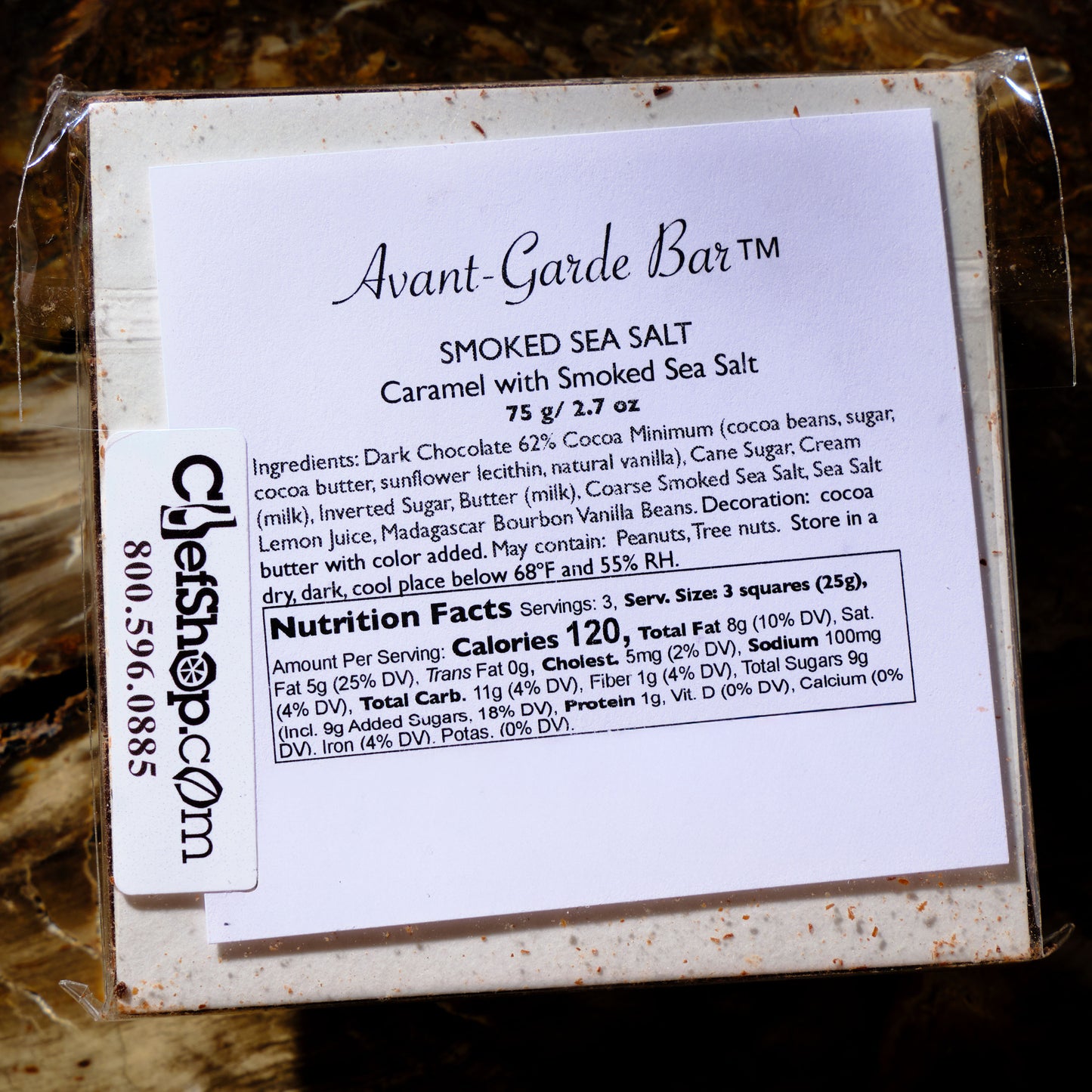 Chocolate bar packaging with 'Avant-Garde Bar' branding and product details. Chocolat Moderne Avant Garde Smoked Sea Salt Caramel Bar
