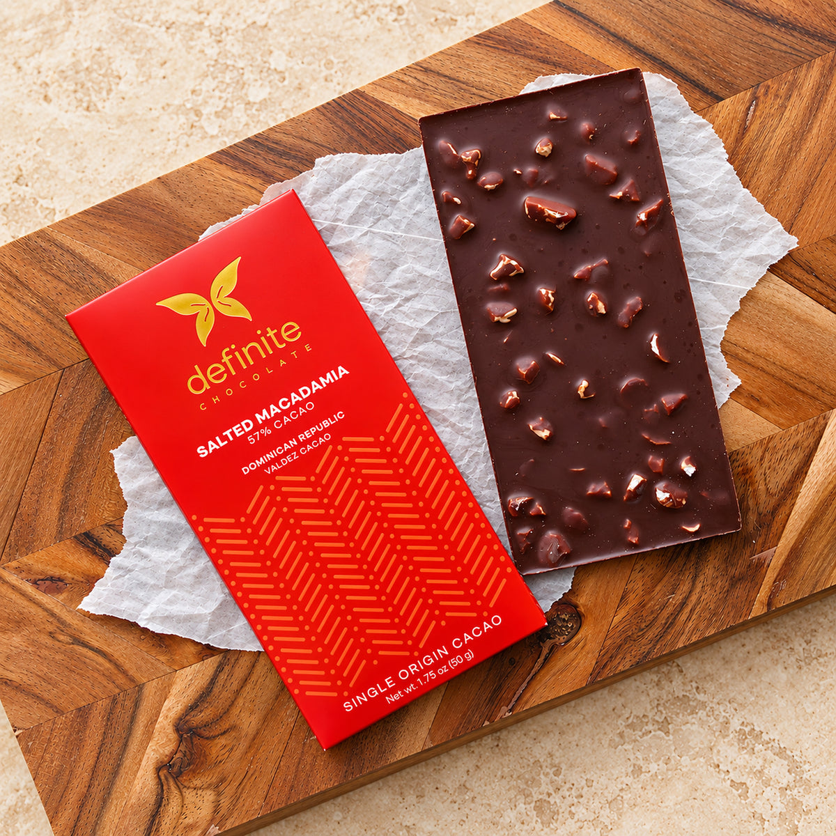 Definite Chocolate Salted Macadamia 57% Dark Chocolate Bar