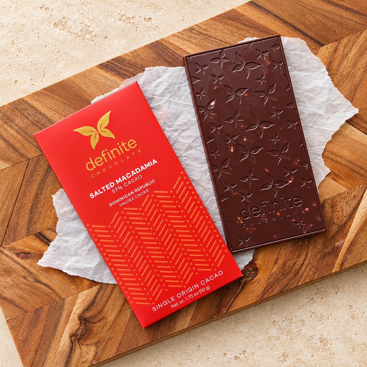 Definite Chocolate Salted Macadamia 57% Dark Chocolate Bar