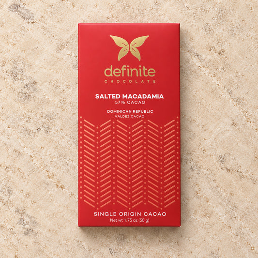 Definite Chocolate Salted Macadamia 57% Dark Chocolate Bar
