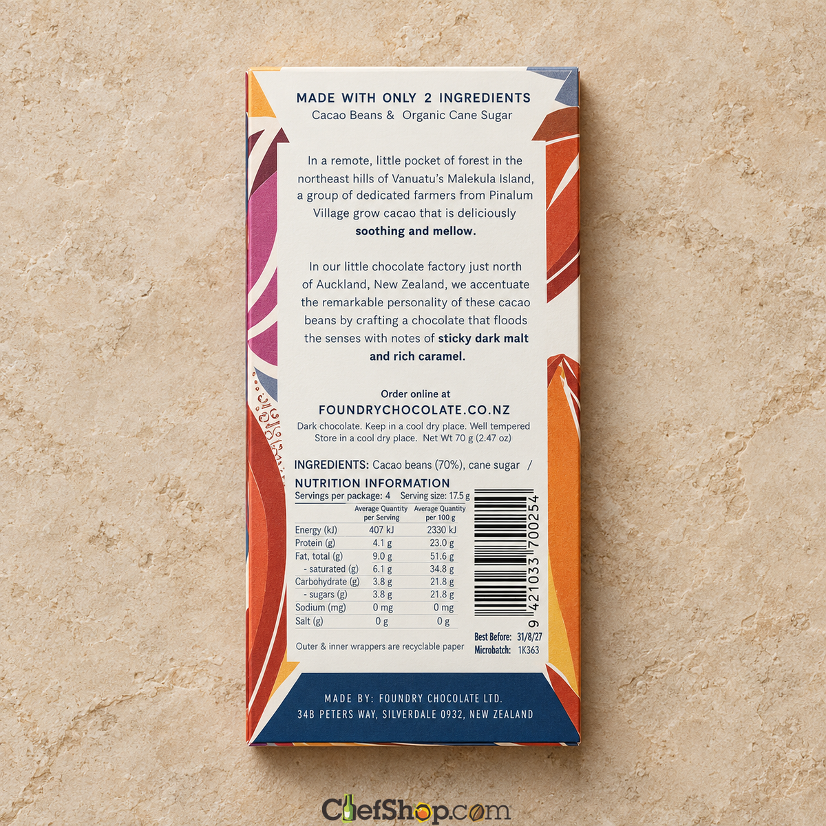 Foundry Chocolate Vanuatu 70% Dark Chocolate Bar
