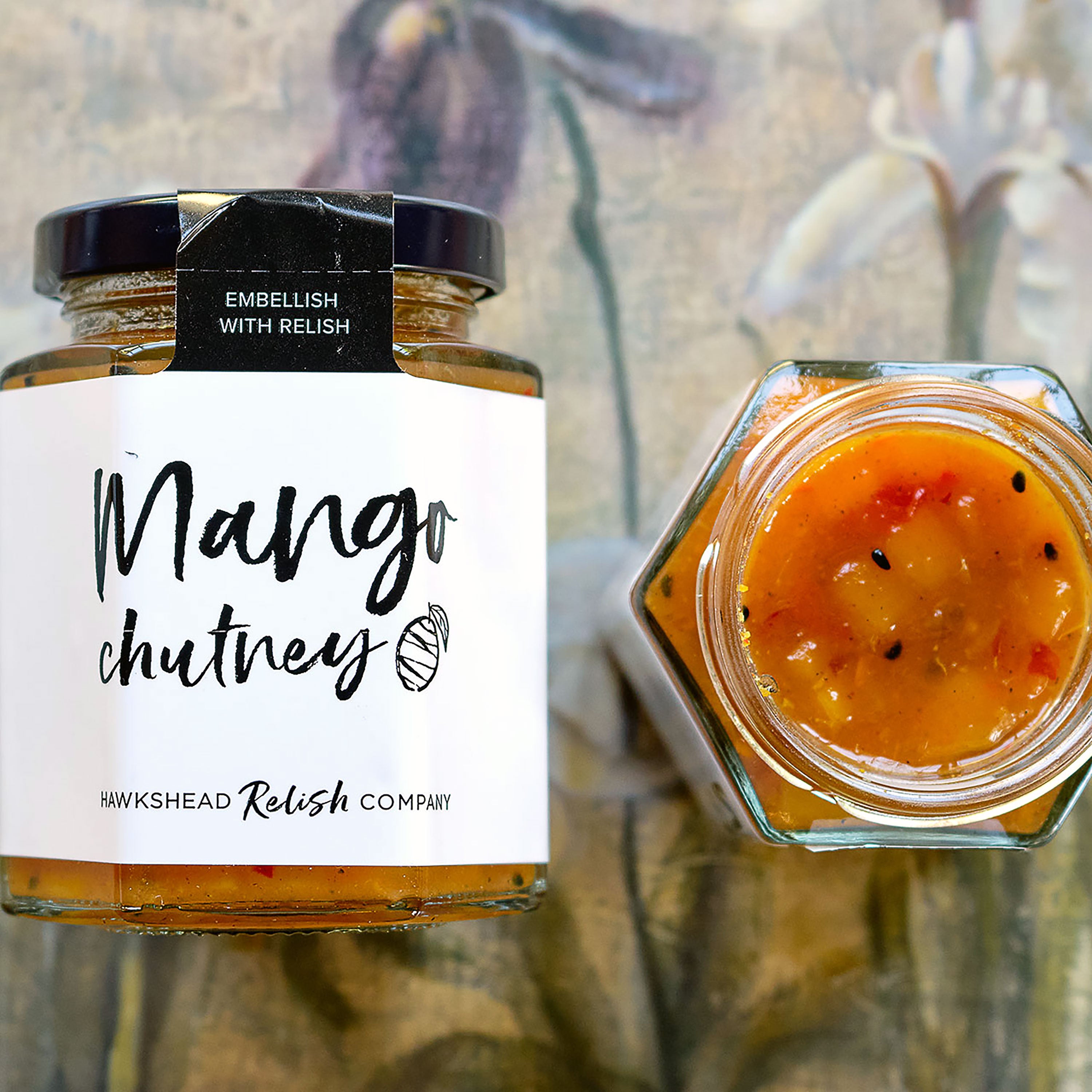 Jar of Mango Chutney with a label on a blurred background Hawkshead Relish Company