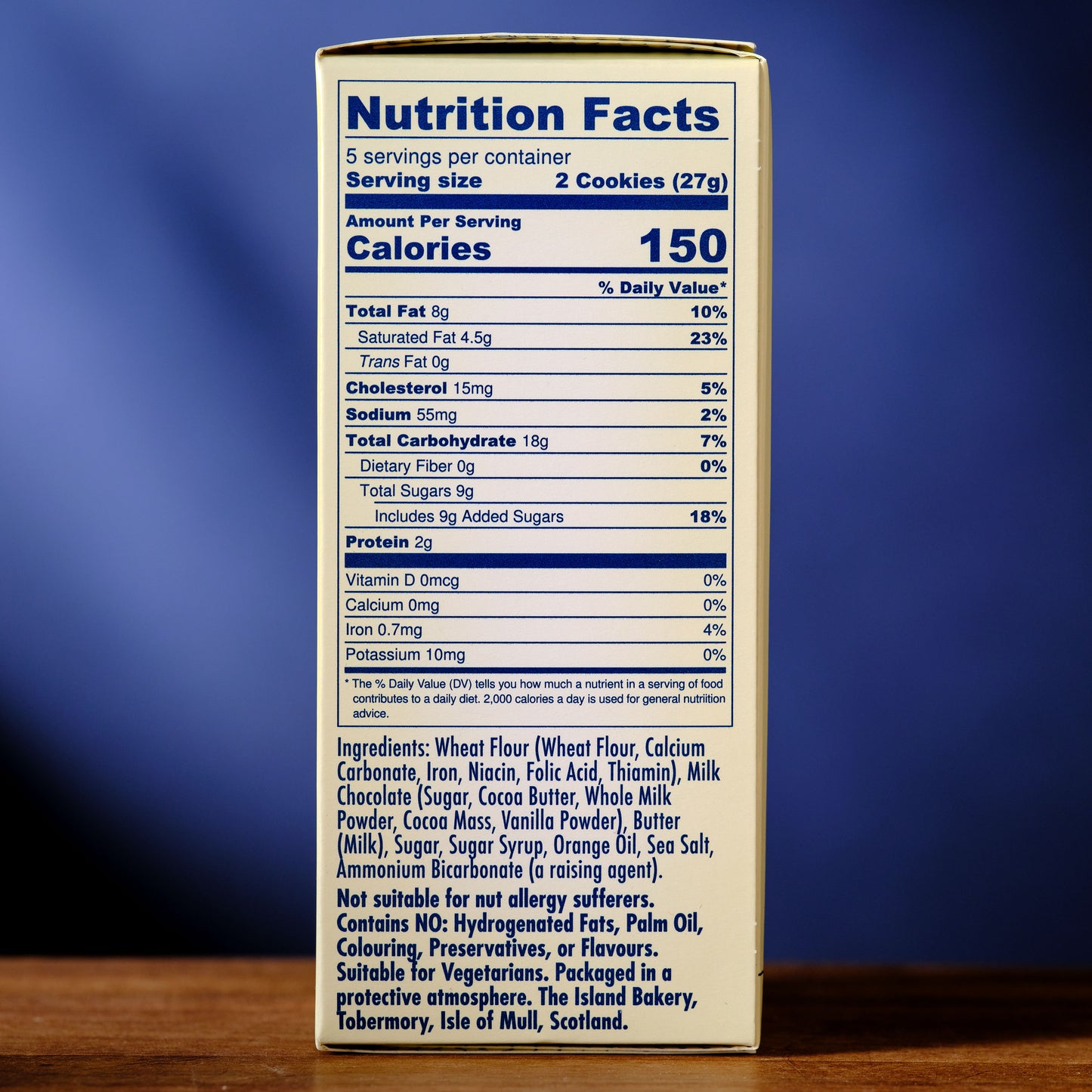 Nutrition facts label on a box of cookies with a blue background Island Bakery Orange Melts Shortbread Cookie with Milk Chocolate