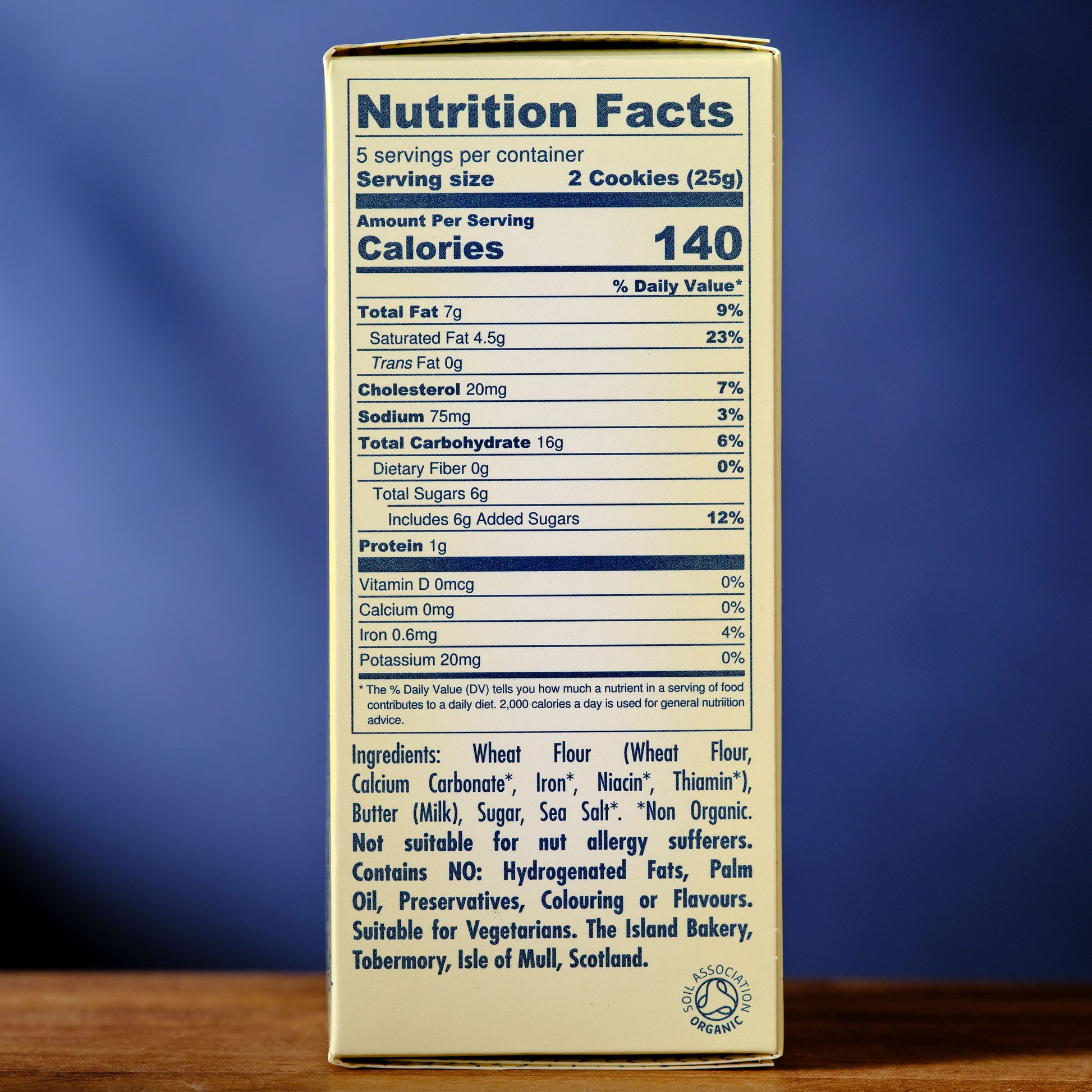 Nutrition facts label on a box with a blue background Island Bakery Shortbread Biscuits