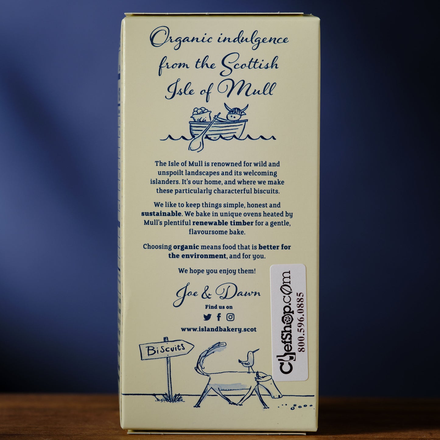 Box of organic biscuits from the Scottish Isle of Mull with text and branding on a dark background.