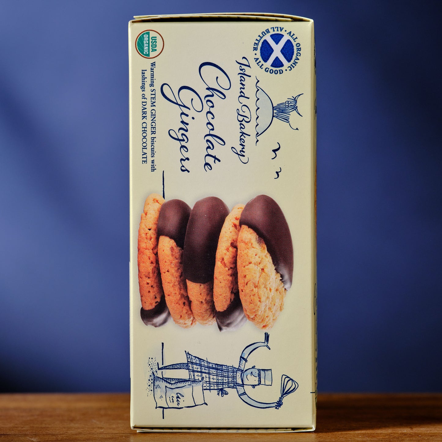 Box of Island Bakery Chocolate Gingers against a blue background