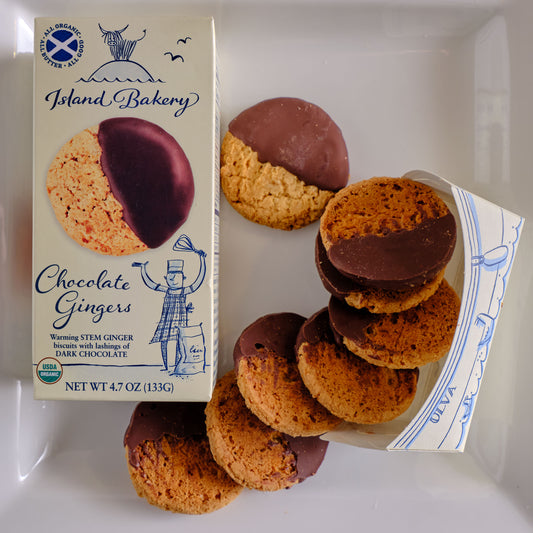 Box of Island Bakery Chocolate Gingers cookies with cookies displayed on a white surface