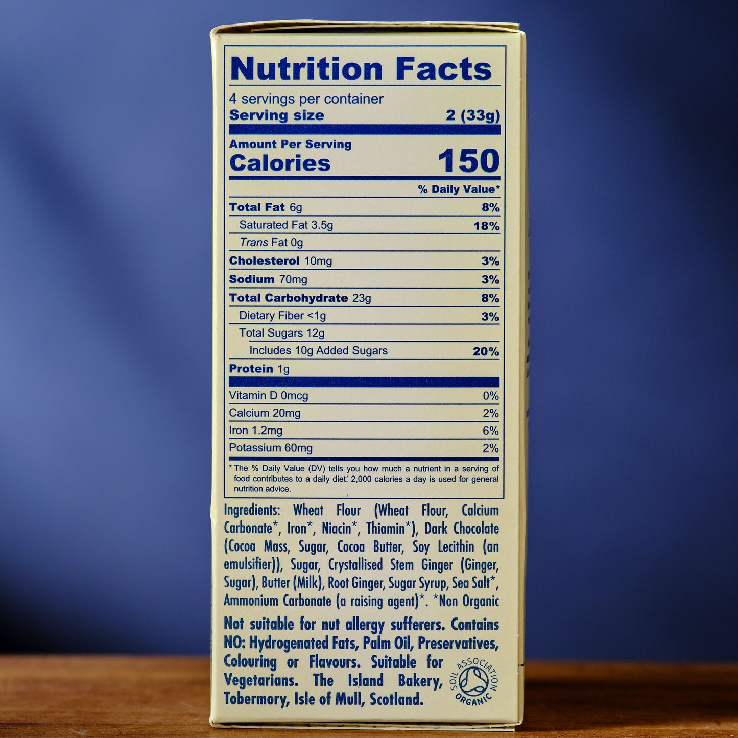 Nutrition facts label on a product packaging with a blue background Island Bakery Chocolate Gingers