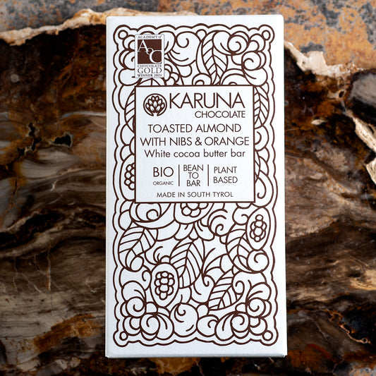 Karuna Chocolate Toasted Almond with Nibs and Orange Cocoa Butter Bar
