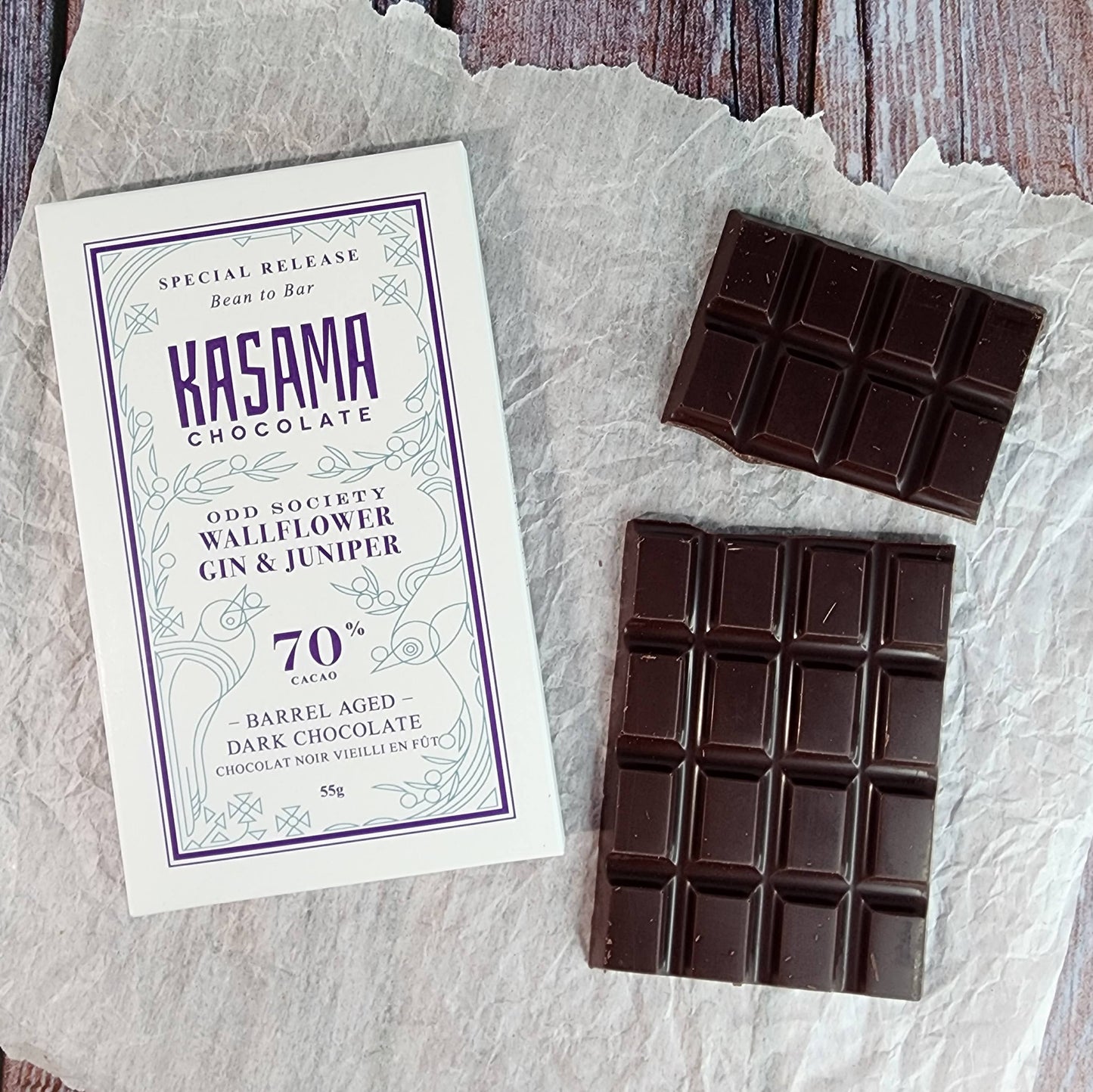 Kasama Chocolate Wallflower Gin and Juniper 70% Barrel Aged Dark Bar
