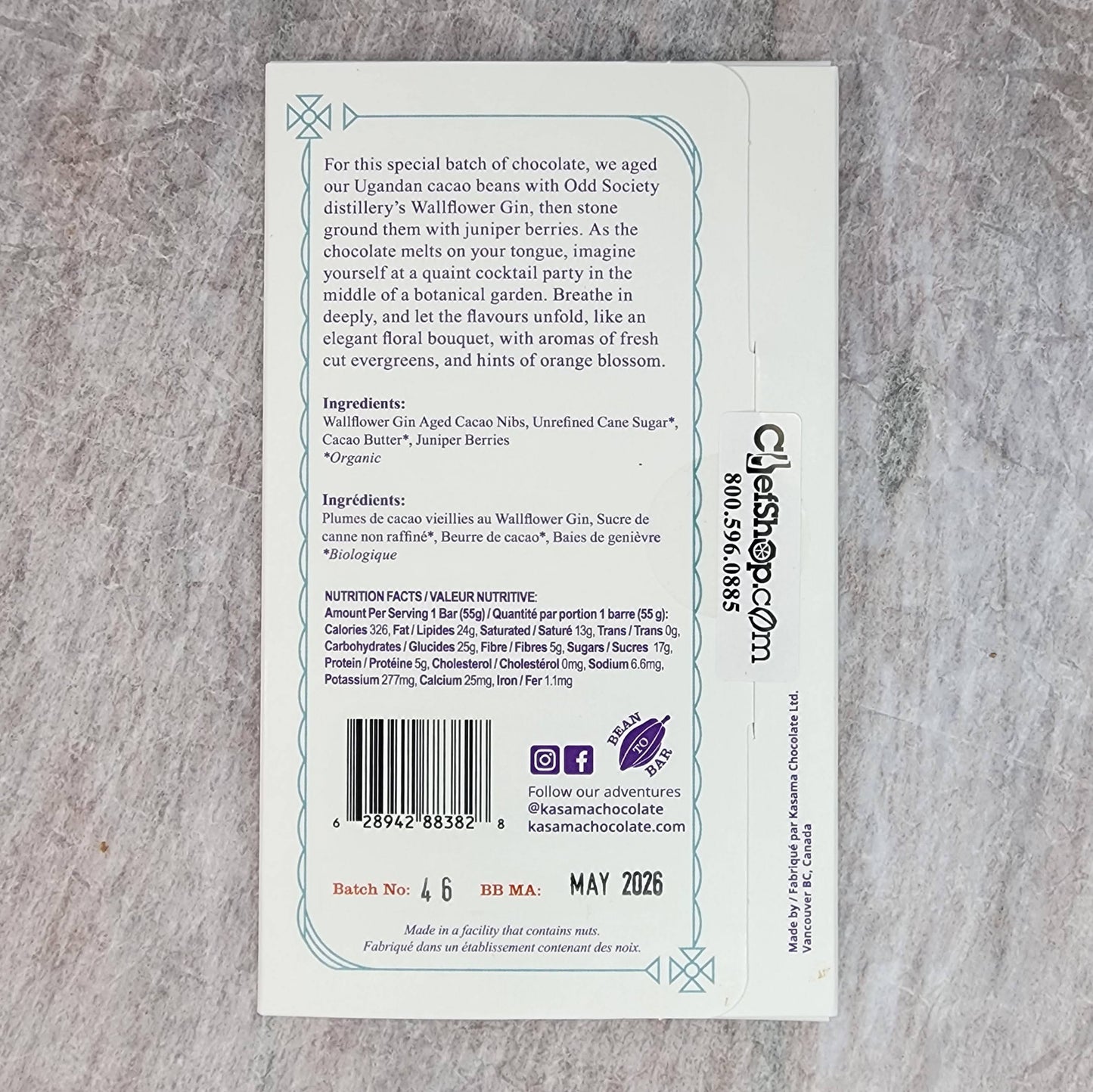 Kasama Chocolate Wallflower Gin and Juniper 70% Barrel Aged Dark Bar