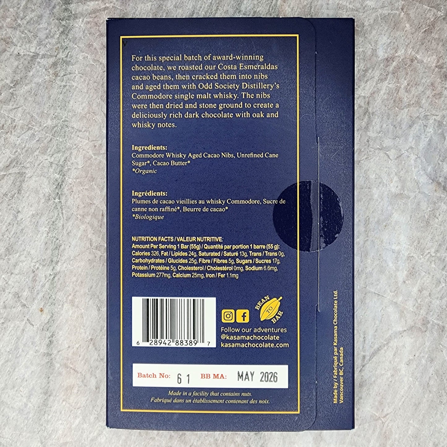 Kasama Chocolate Single Malt Canadian Whisky 70% Barrel Aged Dark Bar