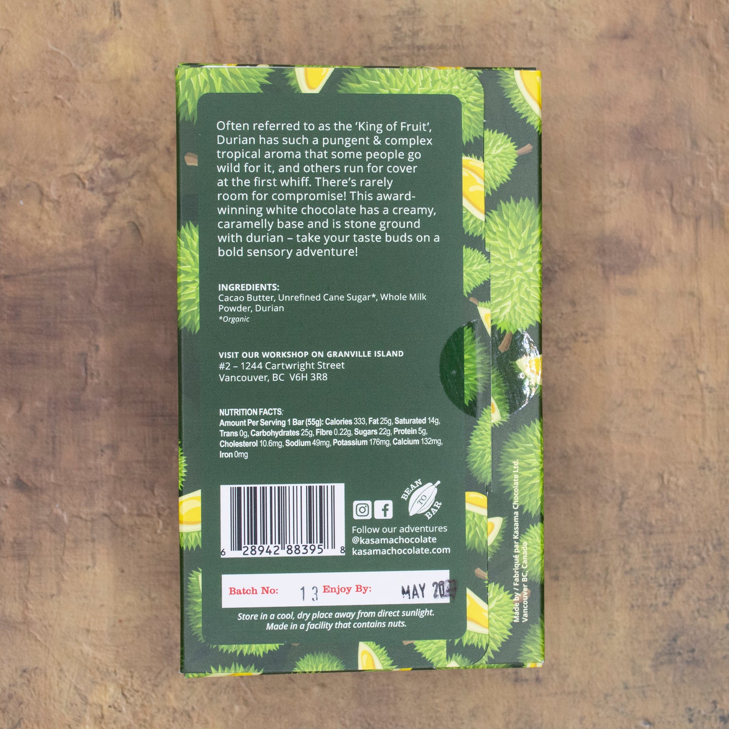Kasama Durian White Chocolate Bar Label