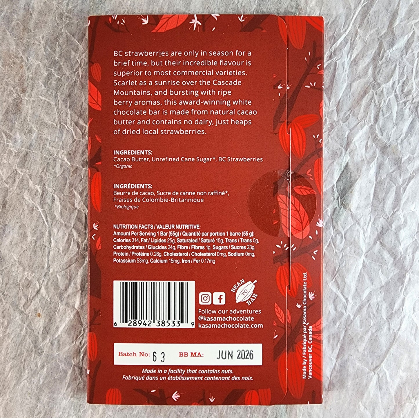 Kasama Strawberry White Chocolate Bar