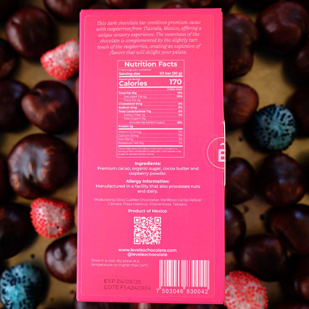 LEVELEZ 58% Frambuesas Raspberry Infused Dark Chocolate Bar