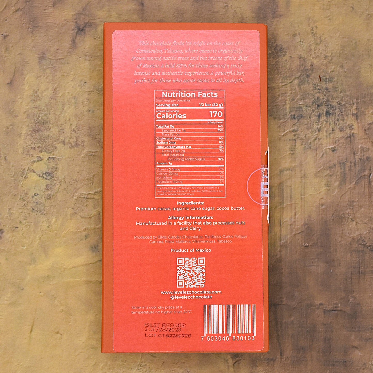 Levêlez 82% Costa de Tabasco Dark Chocolate Bar