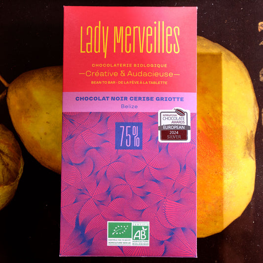 Lady Merveilles Chocolat Noir Cerise Griotte Belize 75% Dark Chocolate w Morello Cherry