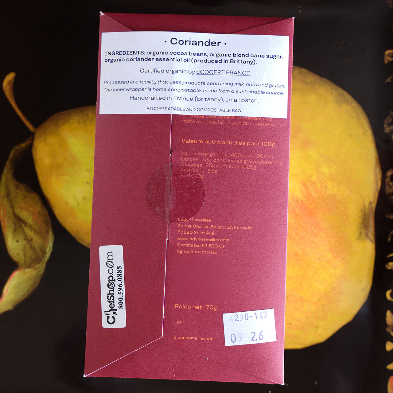 Lady Merveilles Chocolat Noir Coriandre Inde 75% Organic Dark Chocolate with Coriander
