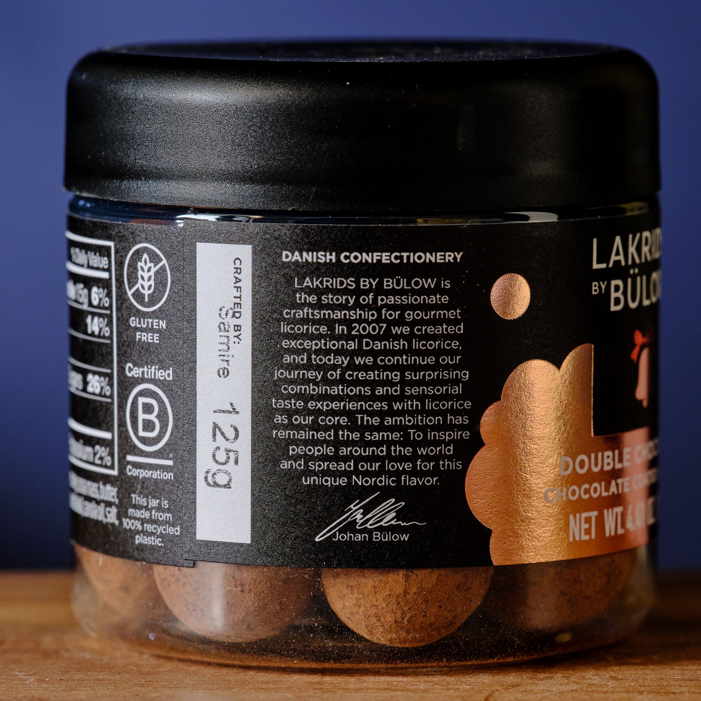 Jar of Lakrids by Bülow Danish confectionery Lakrids by Bulow Winter Double Chocolate Coated Licorice About