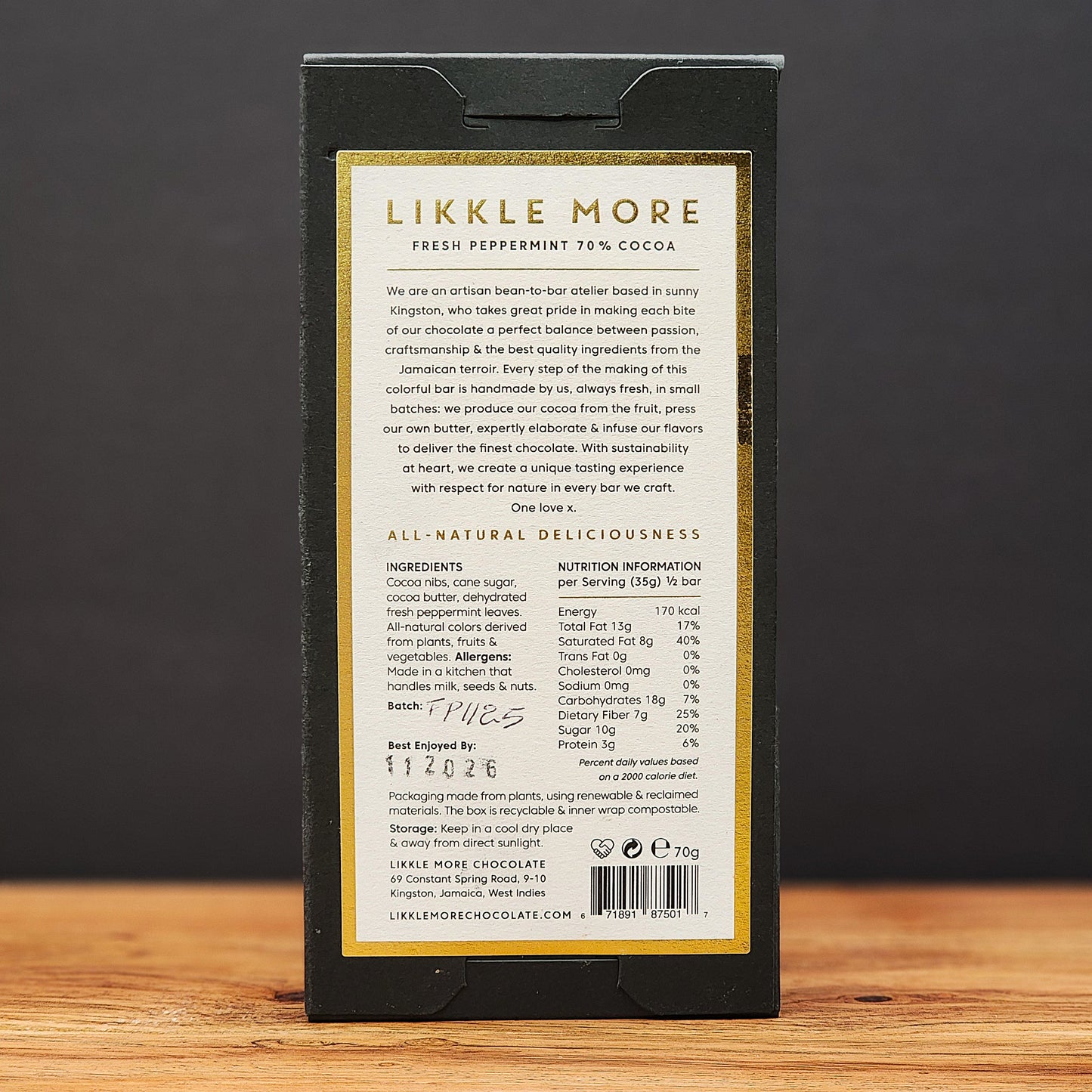 Likkle More Fresh Peppermint 70% Dark Chocolate Bar