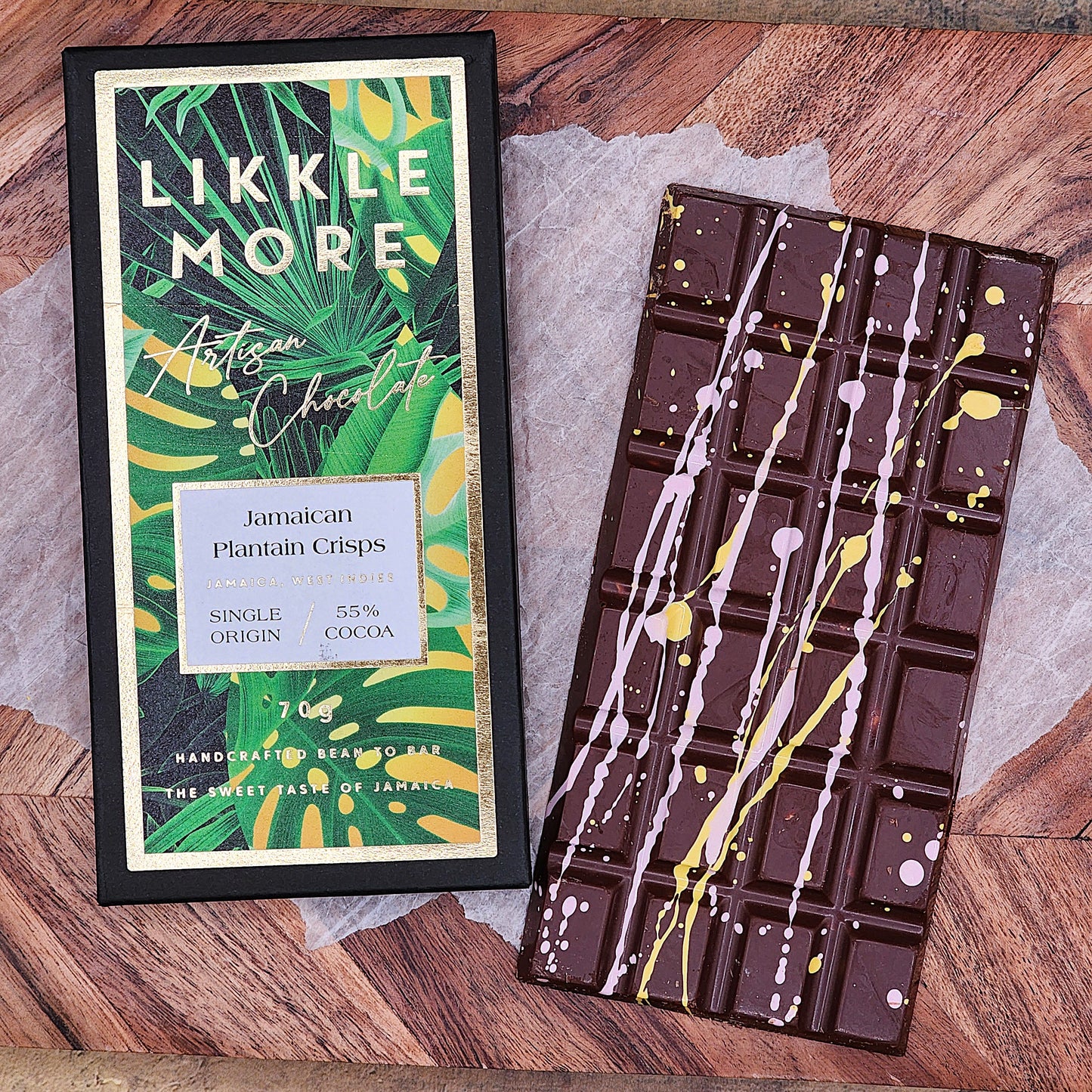 Likkle More Jamaican Plantain Crisps 55% Dark Milk Chocolate Bar
