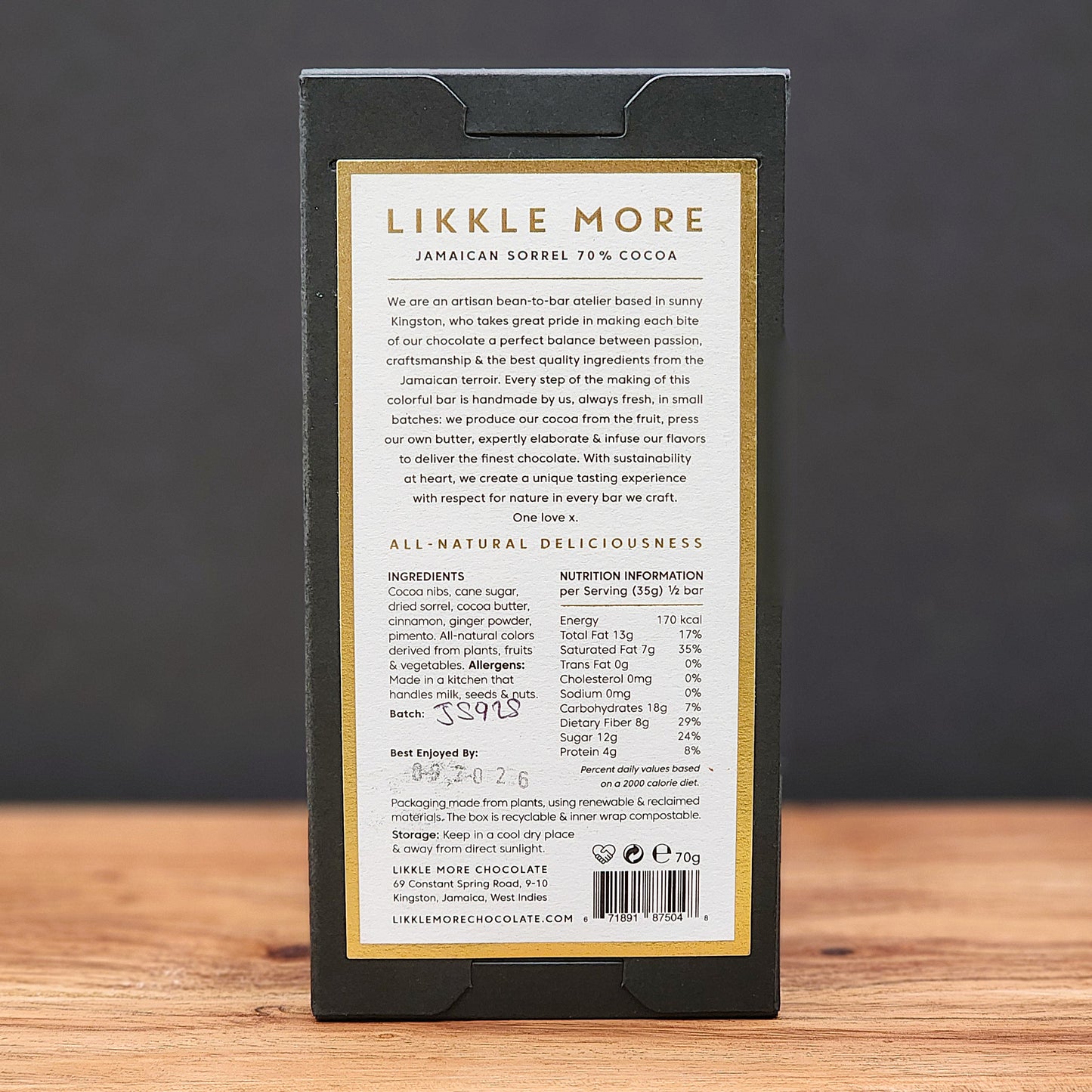 Likkle More Jamaican Sorrel 70% Dark Chocolate Bar
