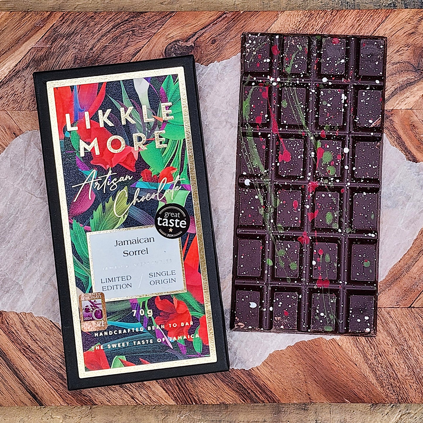 Likkle More Jamaican Sorrel 70% Dark Chocolate Bar