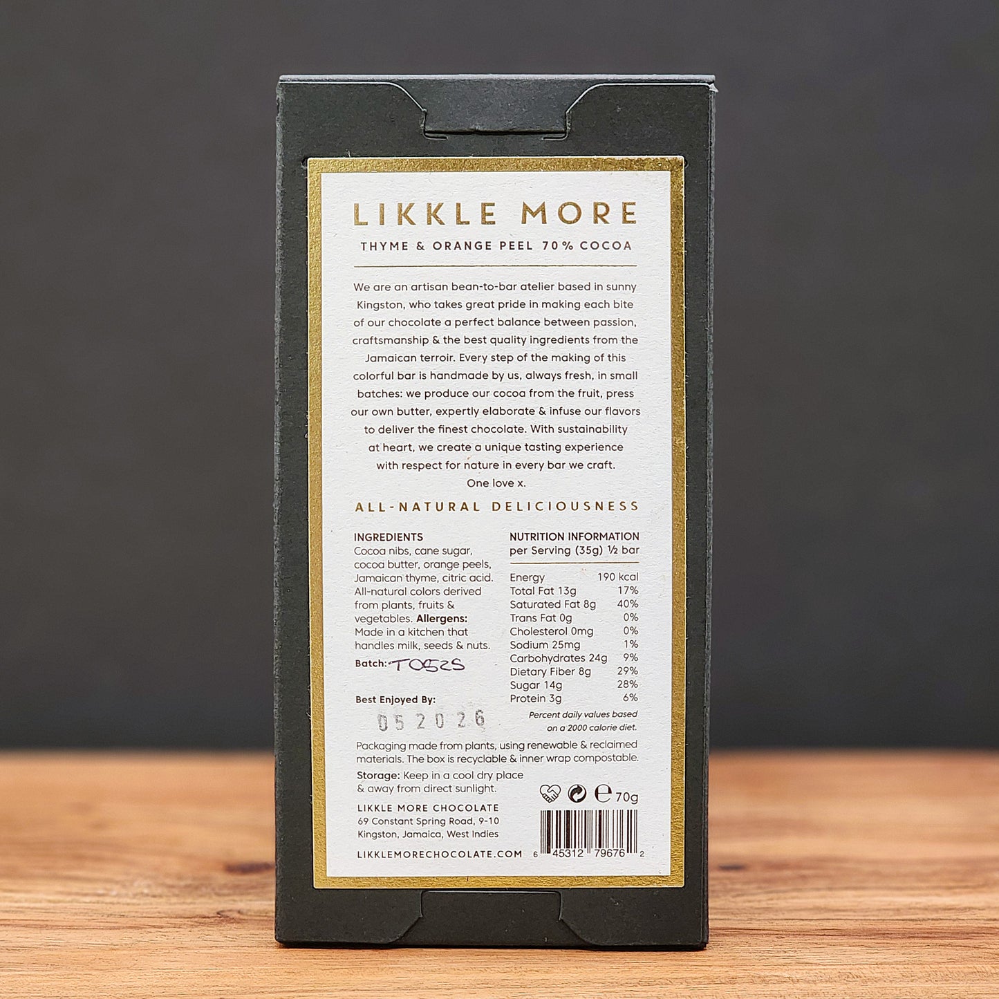 Likkle More Jamaican Thyme and Orange Peel 70% Dark Chocolate Bar