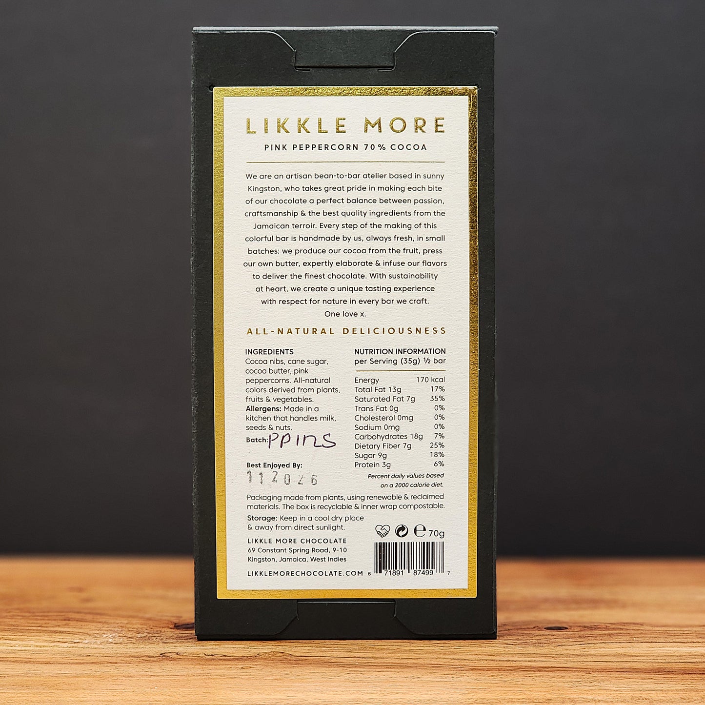 Likkle More Pink Peppercorn 70% Dark Chocolate Bar