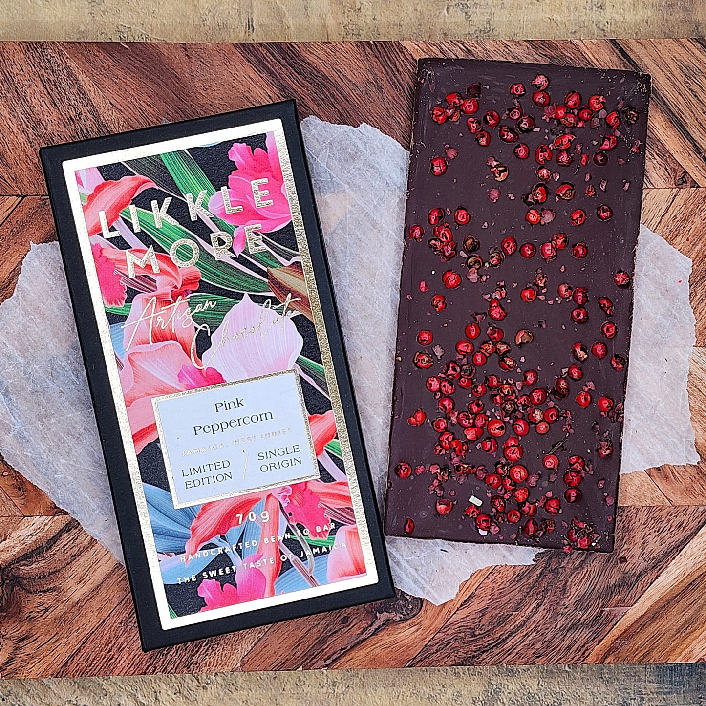 Likkle More Pink Peppercorn 70% Dark Chocolate Bar