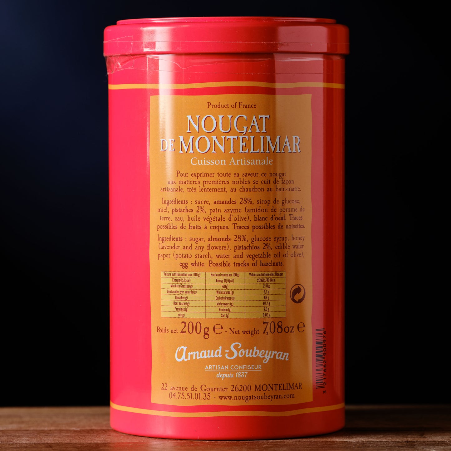 Arnaud Soubeyran Nougat de Montelimar  back of tin