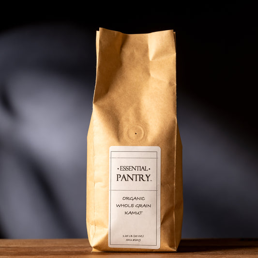 Bag on a tabletop with label for Organic Kamut