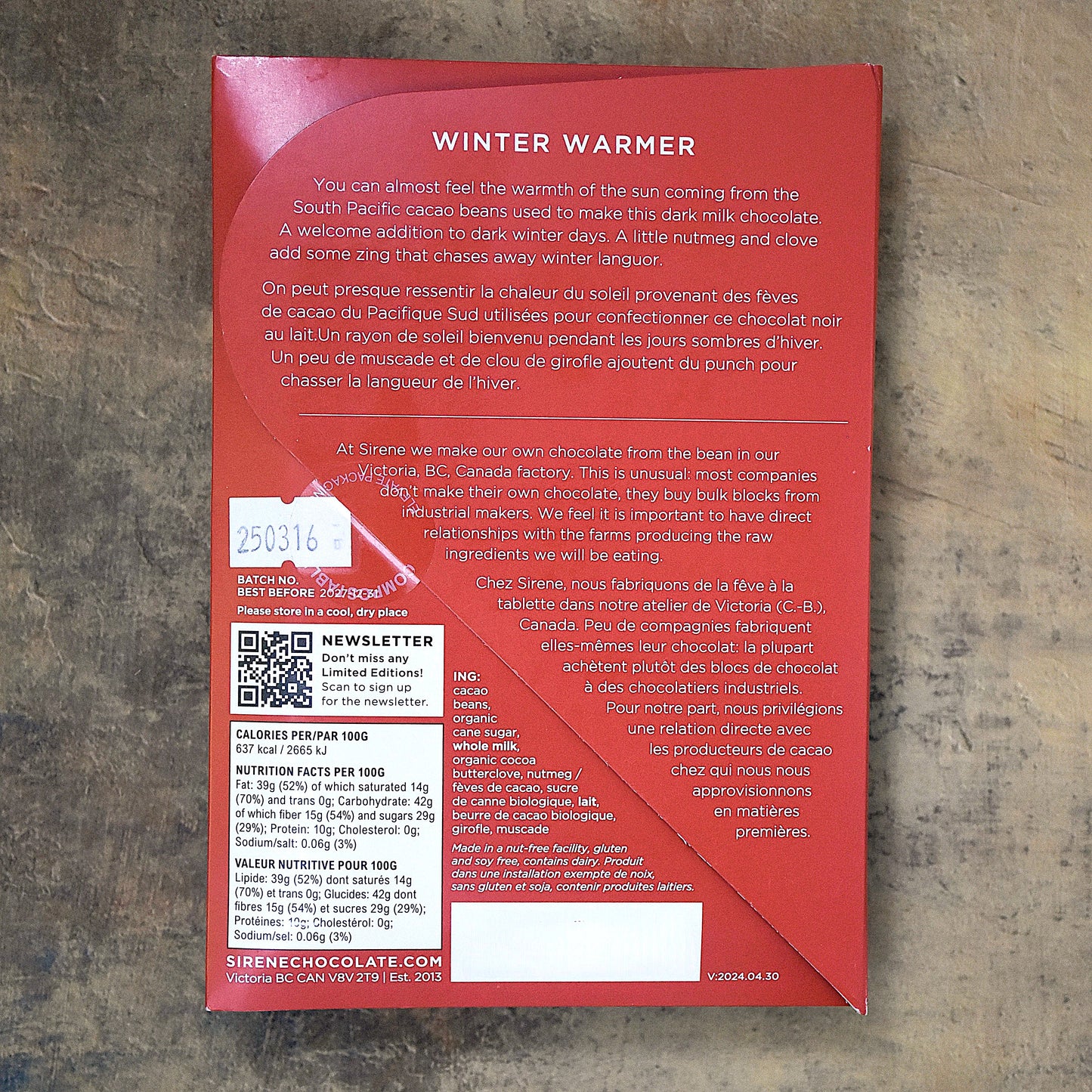 Sirene Winter Warmer 65% Dark Milk Chocolate with Warming Spices