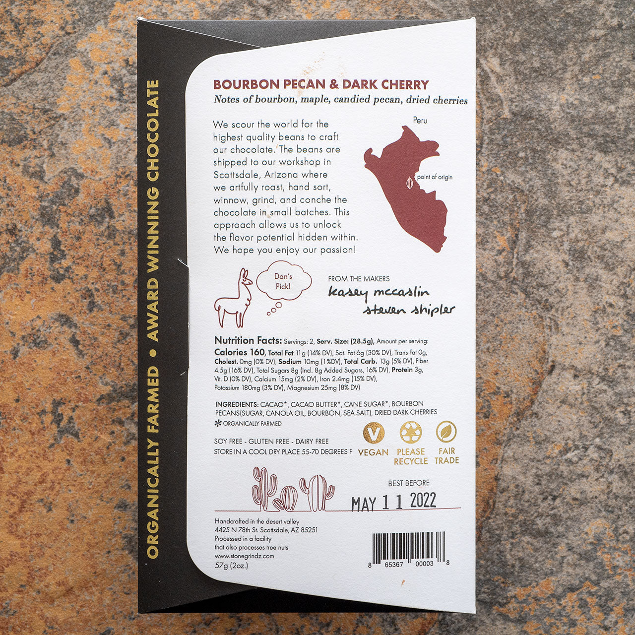 Stonegrindz Bourbon Pecan and Cherry 70-Percent Dark Chocolate Bar